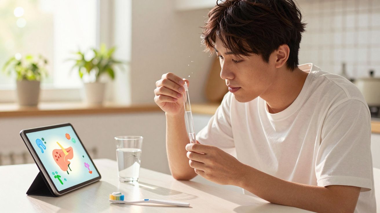 Mężczyzna w białej koszulce robi test kału, obok tablet z ilustracją wątroby i szklanka wody.