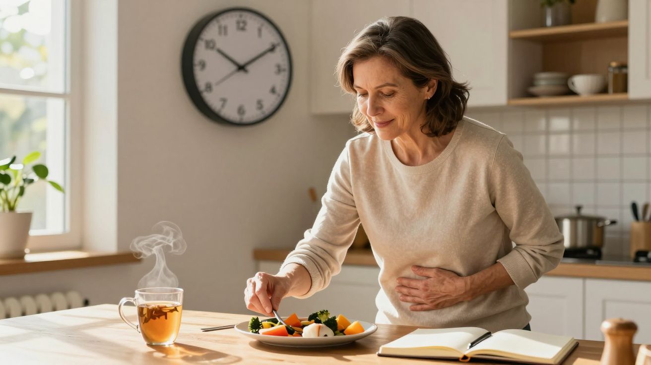 Kobieta trzyma się za brzuch, przygotowując się do jedzenia warzyw na talerzu w kuchni.
