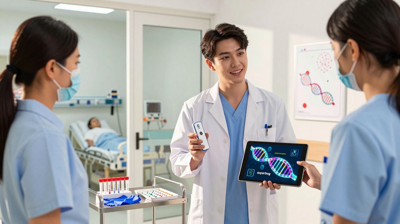 Lekarz pokazuje tablet z animacją DNA, rozmawiając z dwiema pielęgniarkami w szpitalu.