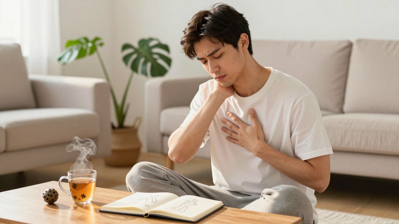 Młody mężczyzna w salonie trzyma się za klatkę piersiową i szyję, wyglądając na obolałego.