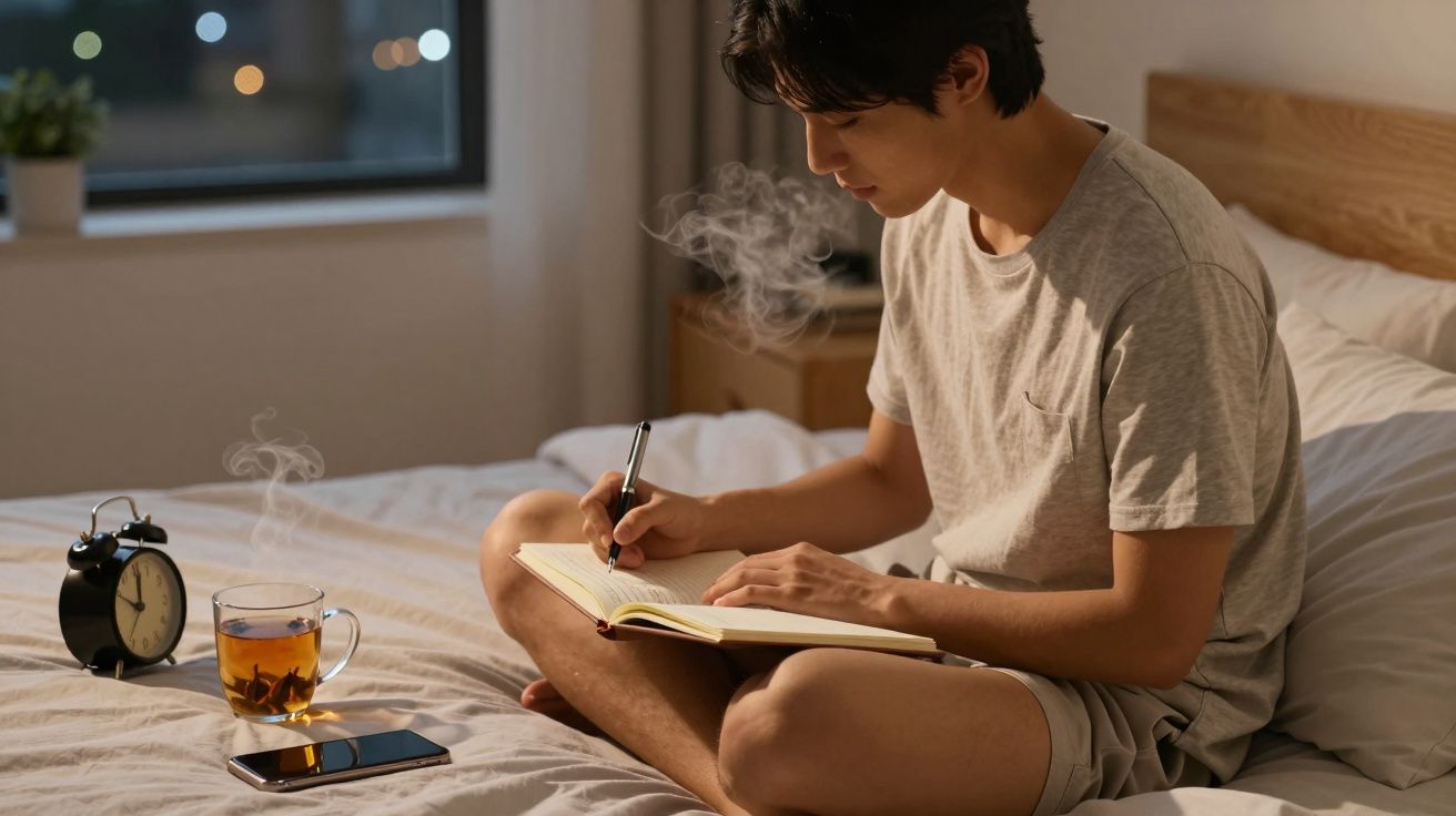Mężczyzna siedzący na łóżku pisze w notesie, obok paruje herbata i leży telefon oraz budzik.