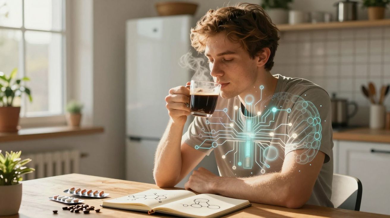Mężczyzna pije kawę, obok leżą tabletki i notatnik z rysunkami molekuł, w kuchni z hologramem mózgu.