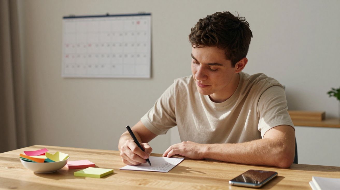 Młody mężczyzna piszący notatki przy drewnianym stole z kalendarzem i telefonem obok.