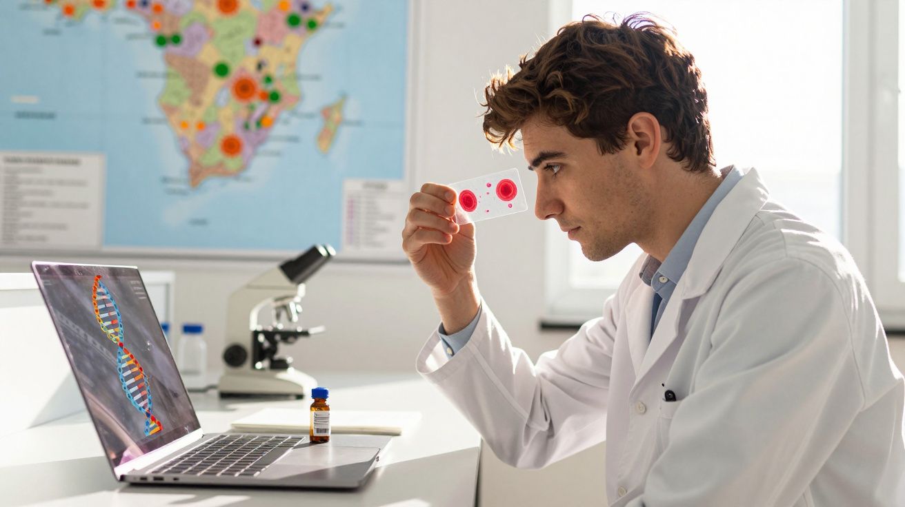 Naukowiec w białym fartuchu bada próbkę krwi w laboratorium przy laptopie i mikroskopie.