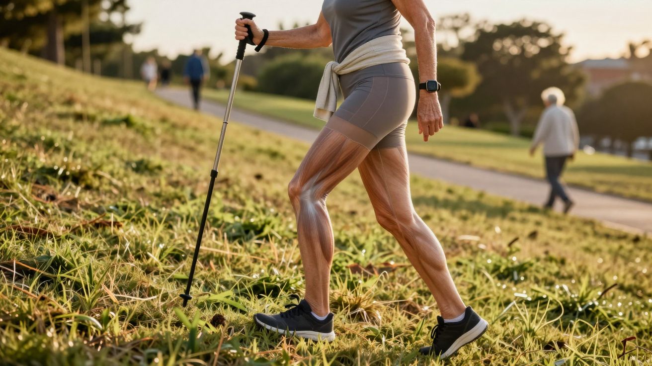 Kobieta ćwicząca z kijkami do nordic walking na trawie z widocznymi mięśniami nóg i kośćmi.