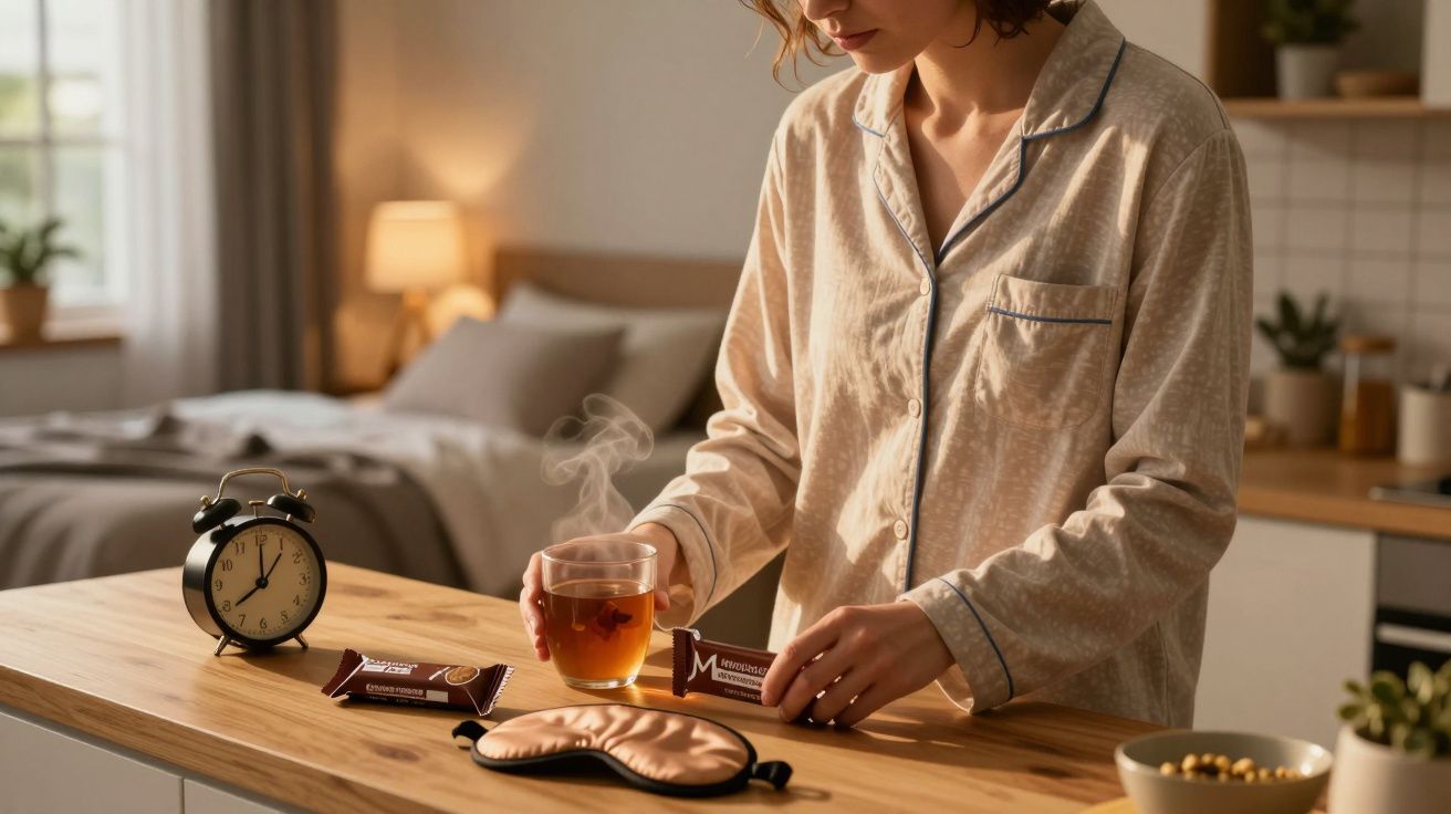 Kobieta w piżamie trzyma gorącą herbatę i batonik na kuchennym blacie z budzikiem i opaską na oczy.