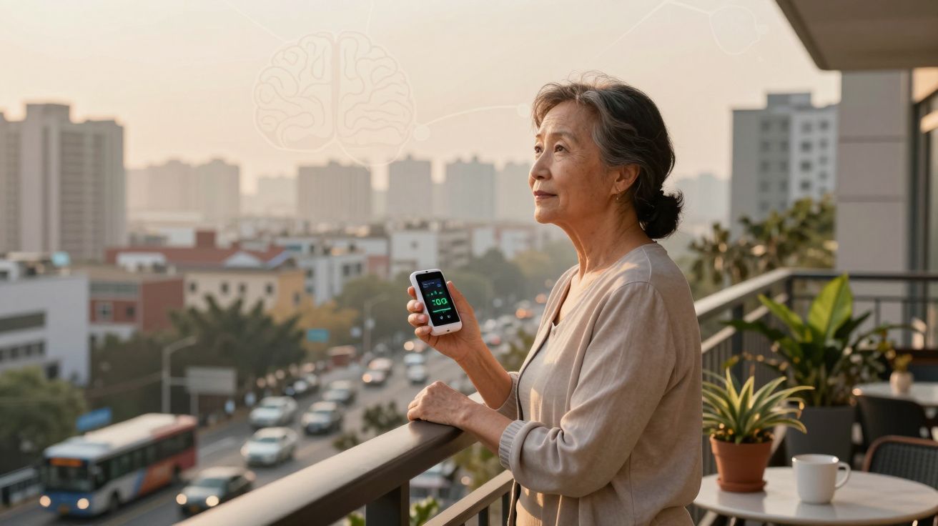 Starsza kobieta trzymająca glukometr na balkonie z widokiem na ulicę miasta o zachodzie słońca.