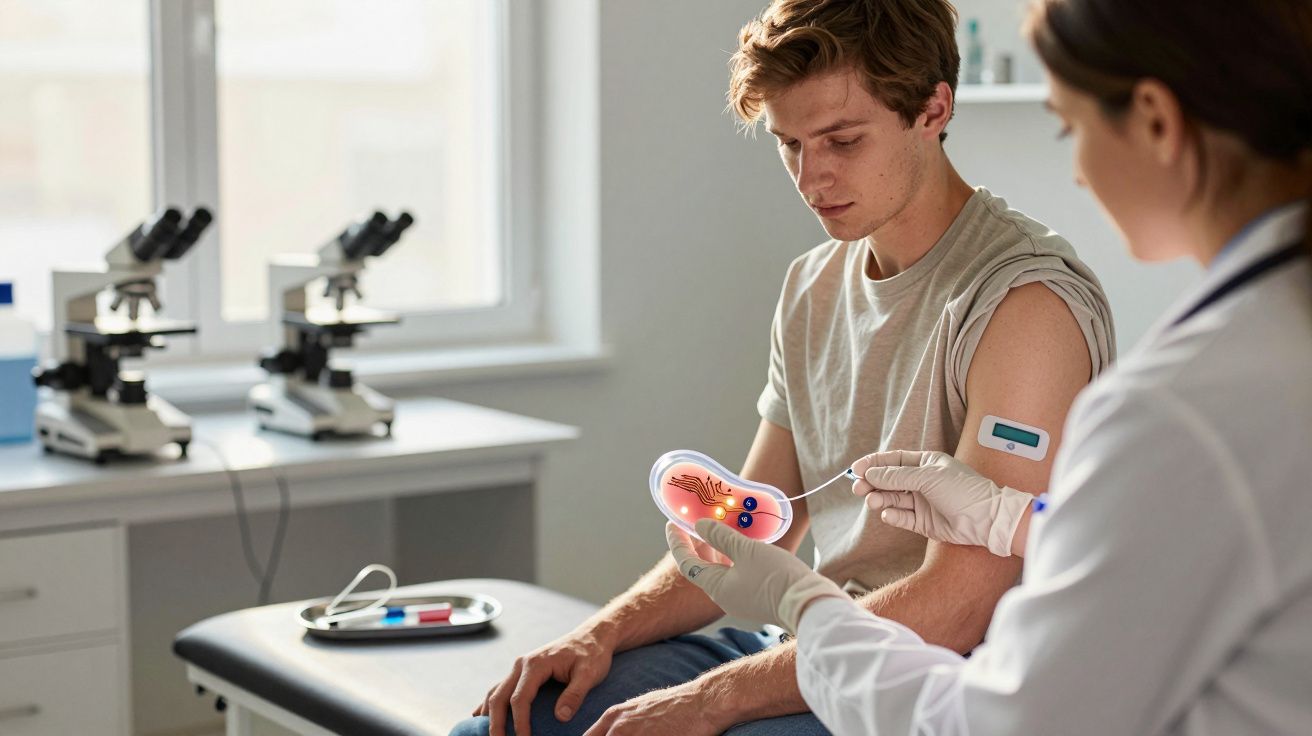 Lekarz pokazuje pacjentowi model komórki podczas konsultacji w przychodni medycznej.