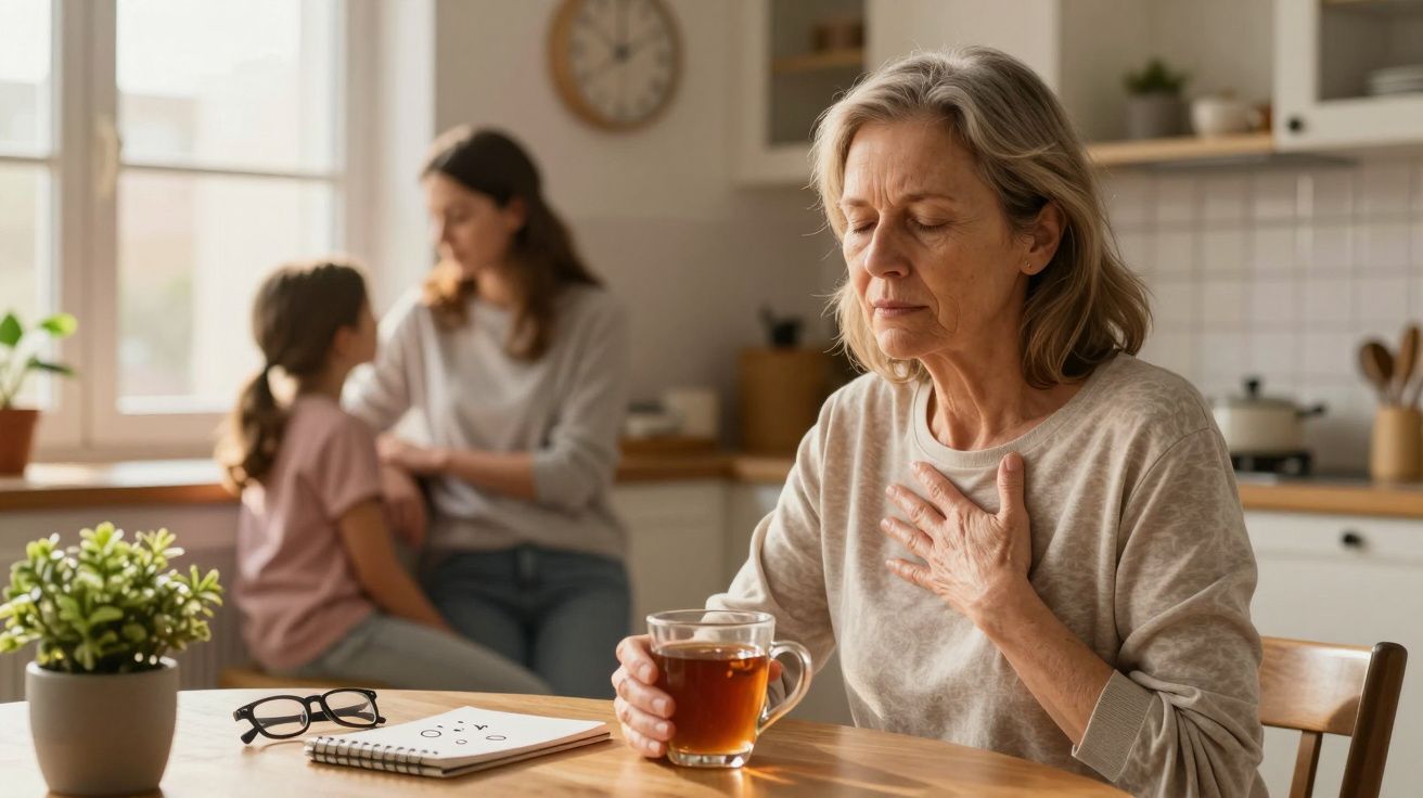 Starsza kobieta w kuchni trzyma się za pierś, trzymając kubek herbaty, w tle rozmawiają dwie kobiety.