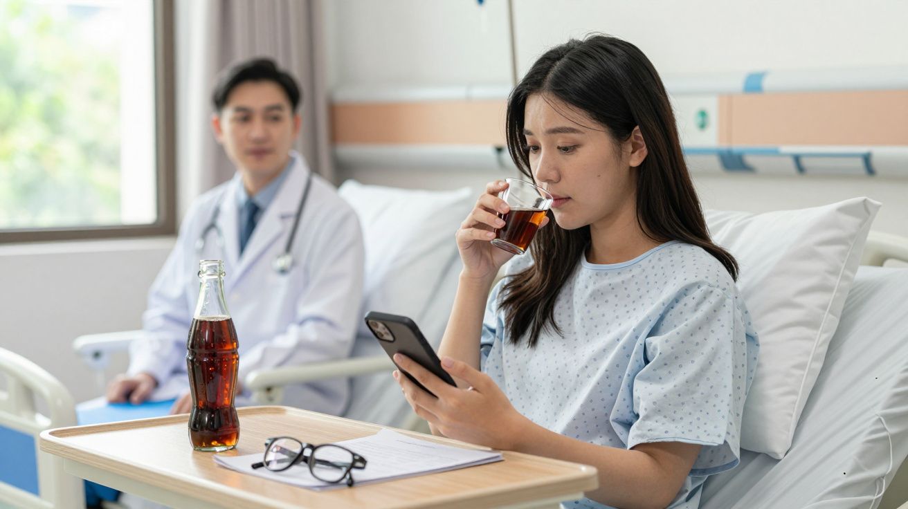 Kobieta w szpitalnym łóżku pije napój i korzysta z telefonu, w tle lekarz w białym fartuchu.