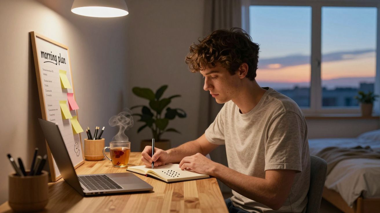 Młody mężczyzna siedzi przy biurku i pisze w notesie, obok stoi laptop i parująca herbata.