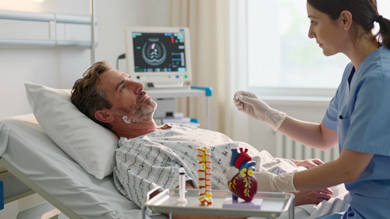 Mężczyzna leżący w szpitalnym łóżku rozmawia z pielęgniarką w sali szpitalnej.