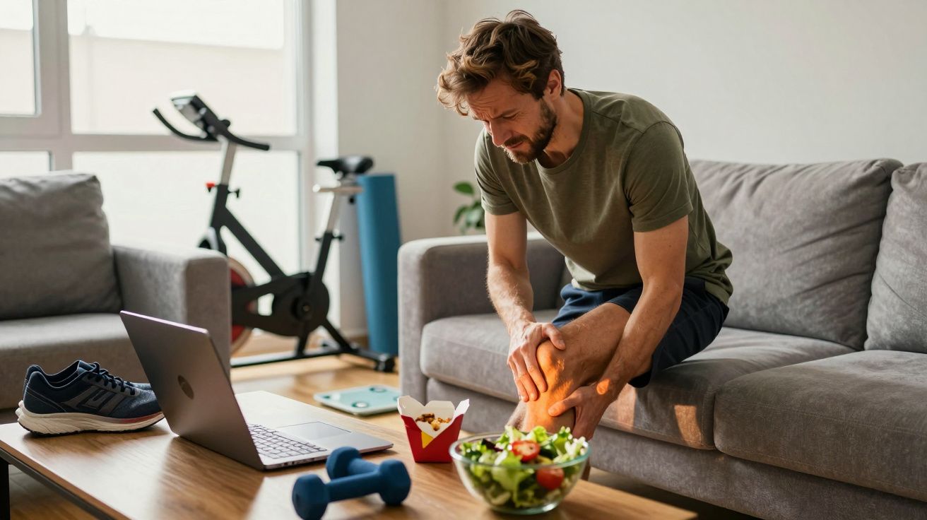 Mężczyzna siedzi na kanapie, trzymając się za bolącą nogę w mieszkaniu z laptopem i sprzętem do ćwiczeń.