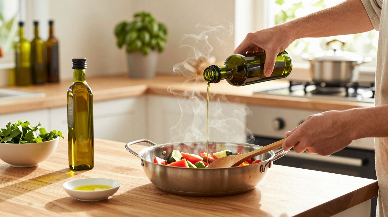 Osoba nalewa oliwę z oliwek do gorącej patelni z warzywami w jasnej kuchni.
