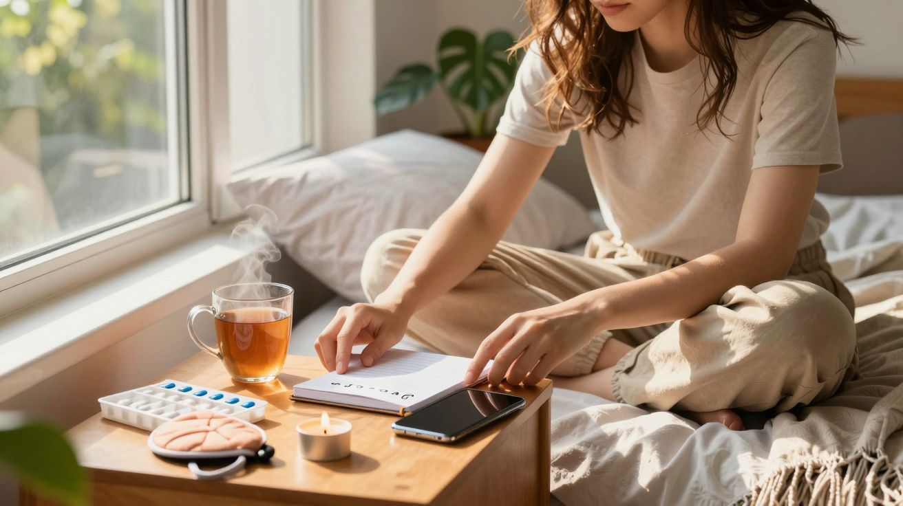 Kobieta siedzi na łóżku przy stoliku z herbatą, świecą, lekami i notatnikiem.
