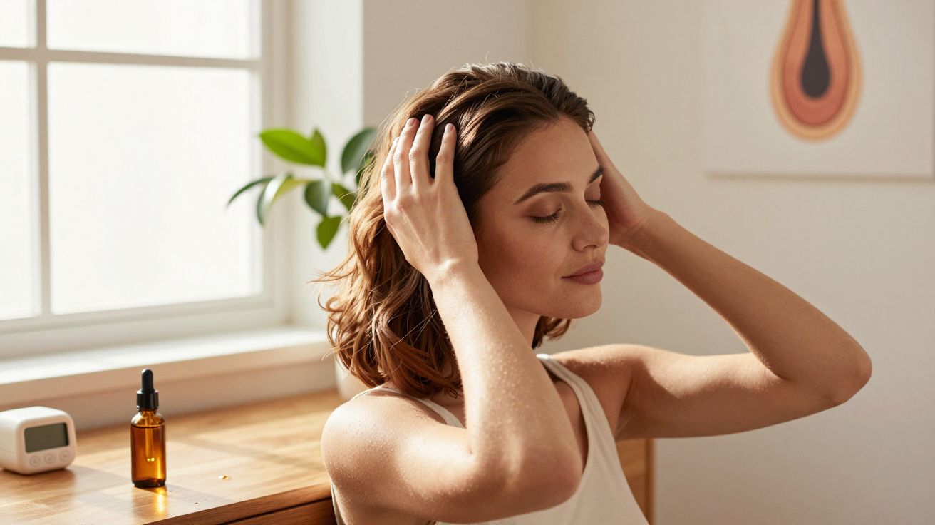 Kobieta z zamkniętymi oczami dotyka włosów, siedząc przy oknie w jasnym, spokojnym pokoju.