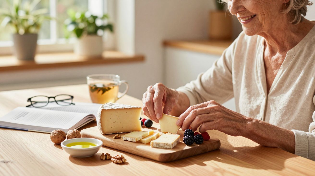 Starsza kobieta je sery i jagody przy drewnianym stole z książką, herbatą i orzechami w jasnym pomieszczeniu.