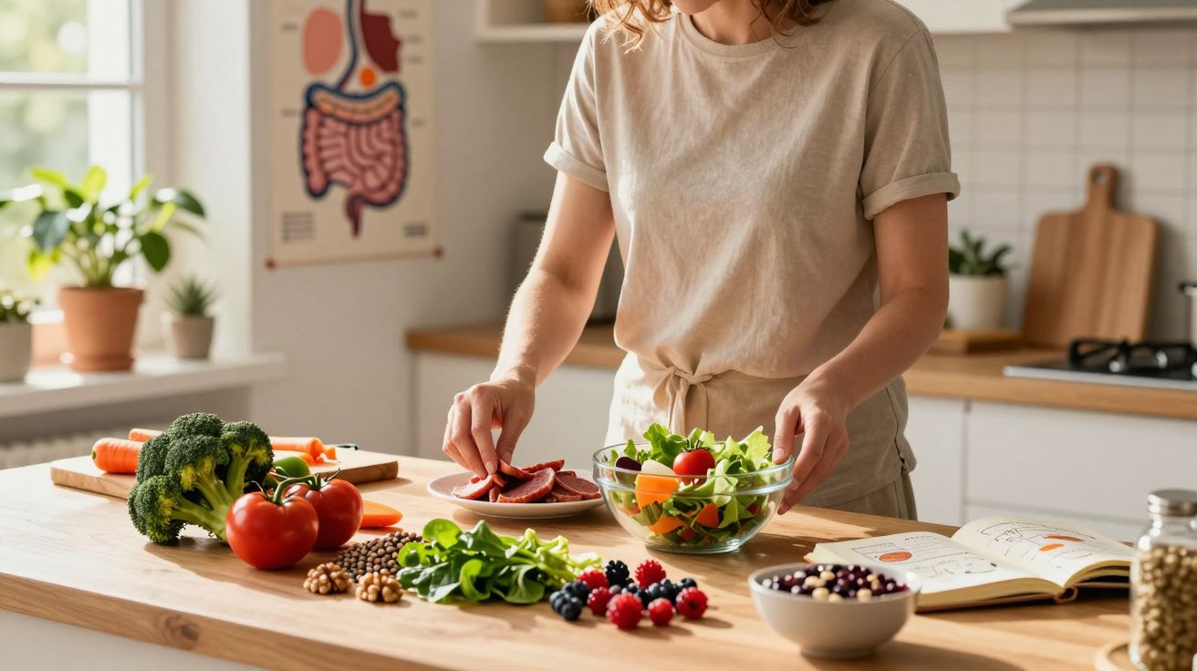 Kobieta przygotowująca sałatkę z warzyw i owoców na kuchennym blacie z książką kucharską.