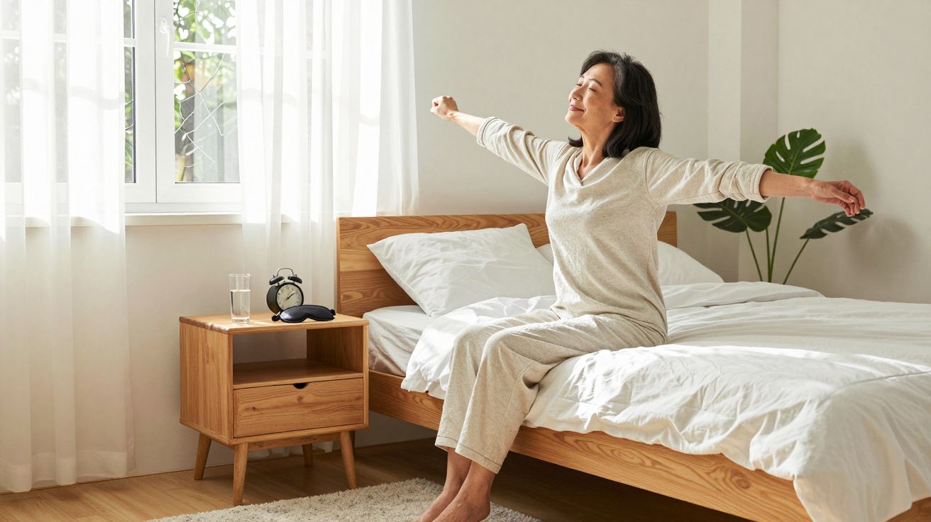 Kobieta przeciągająca się na łóżku w jasnej, słonecznej sypialni o minimalistycznym wystroju.