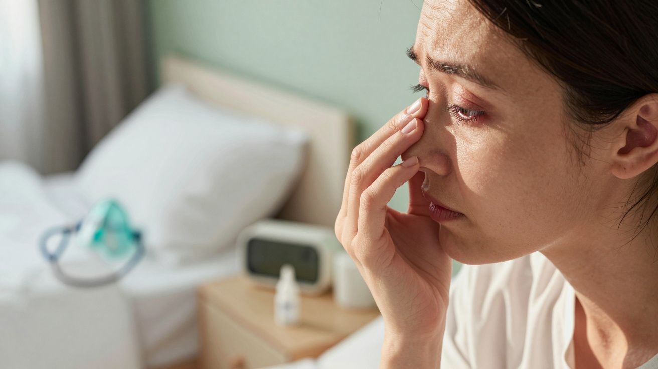 Zmartwiona kobieta dotyka twarzy w sypialni z inhalatorem i lekami na tle łóżka.