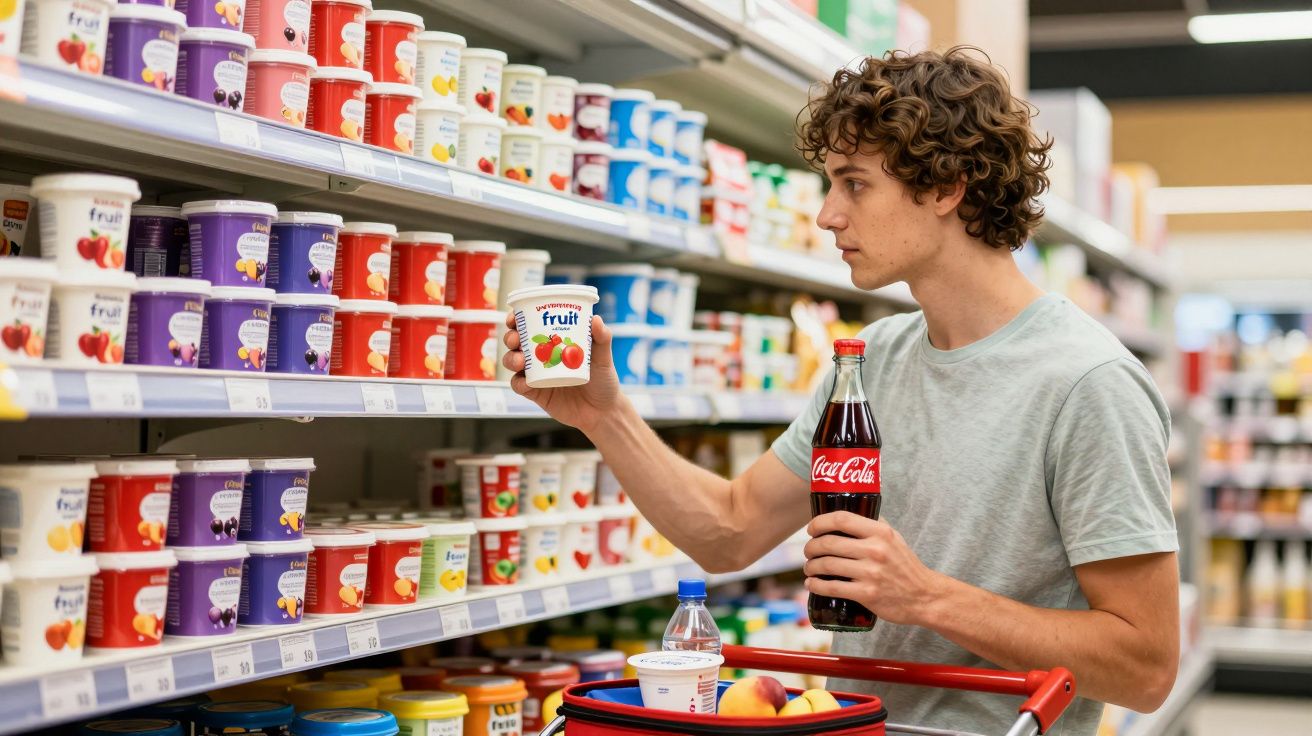 Mężczyzna wybiera jogurt na półce sklepowej, trzymając butelkę Coca-Coli i wózek z zakupami.