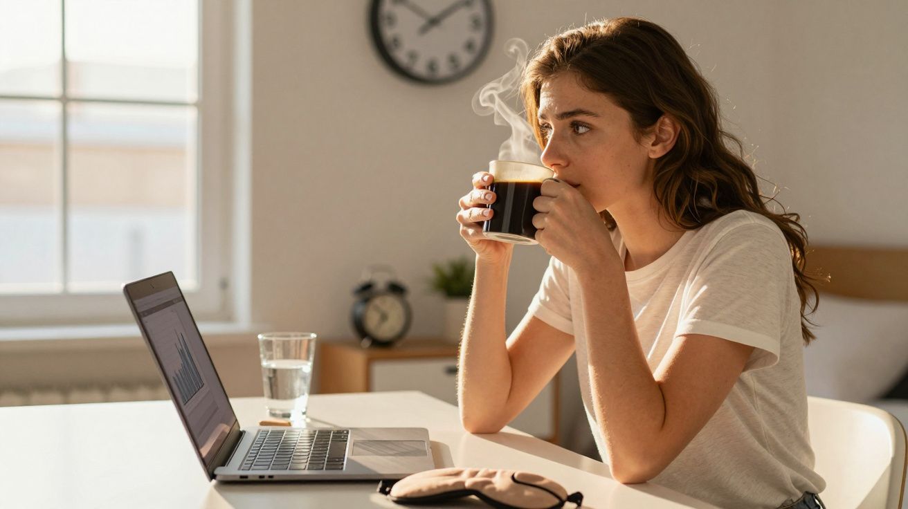 Kobieta pije gorącą kawę siedząc przy biurku z laptopem w jasnym pokoju z zegarem na ścianie.