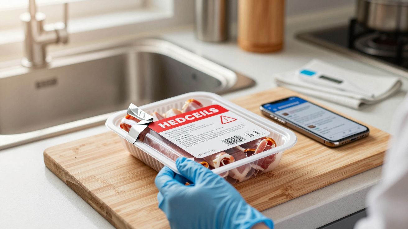 Ręka w niebieskiej rękawiczce otwierająca opakowanie z szynką na desce do krojenia w kuchni.