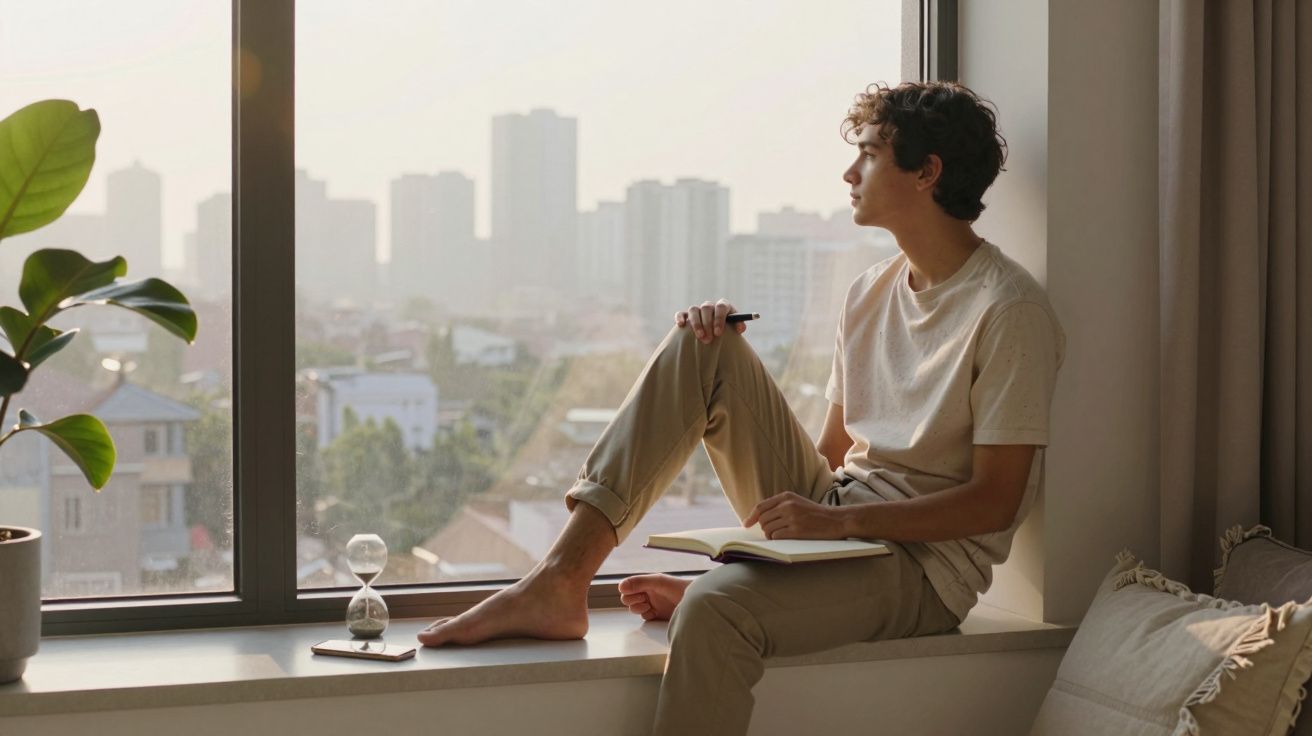 Młody mężczyzna siedzi na parapecie okna i patrzy na miasto, trzymając otwarty notes i długopis.