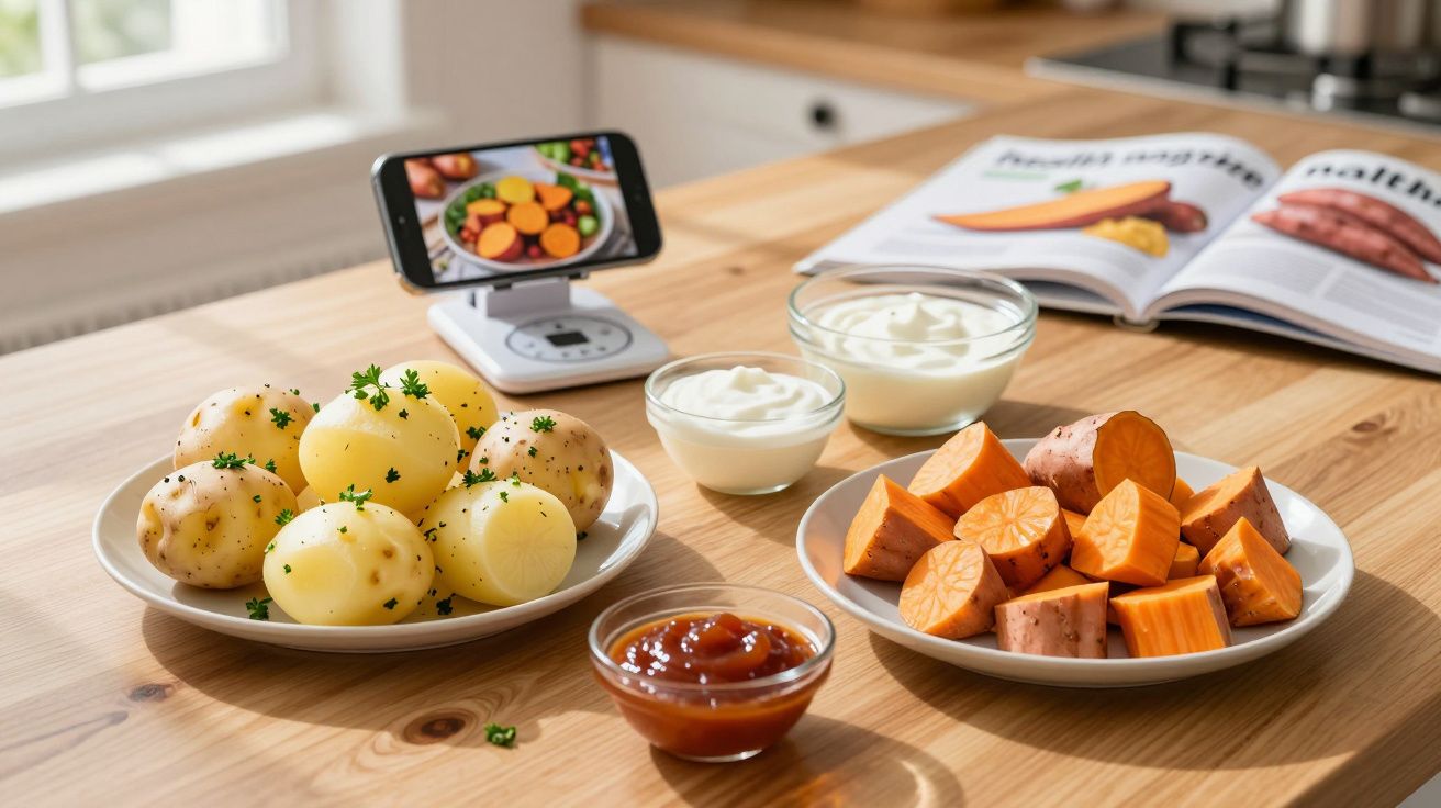 Obrane ziemniaki i bataty na talerzach z dipami na drewnianym stole, obok książka kucharska i telefon.