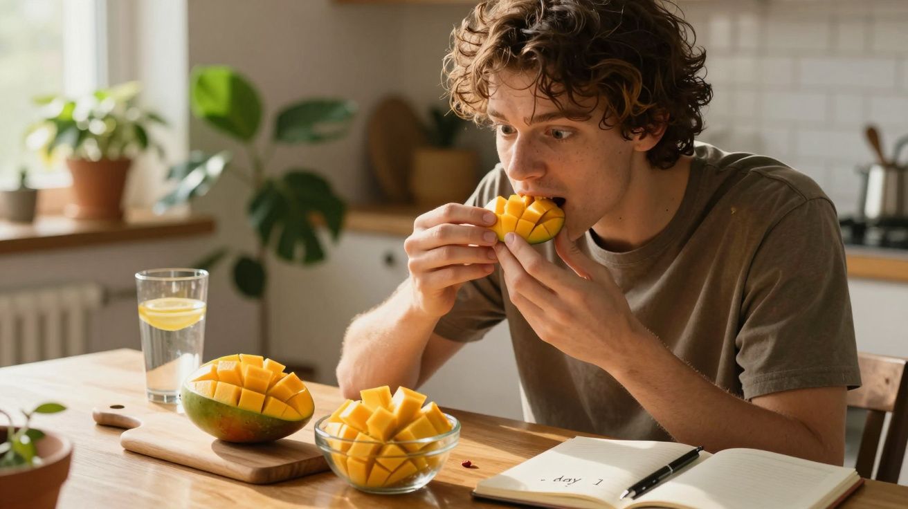 Mężczyzna siedzi przy stole i je pokrojonego mango, obok szklanka wody i notes z długopisem.