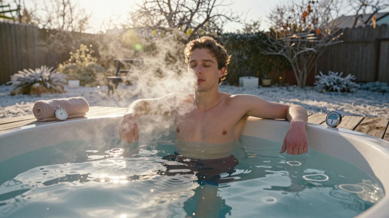 Mężczyzna relaksujący się w gorącej wannie na zewnątrz w chłodny, słoneczny dzień.