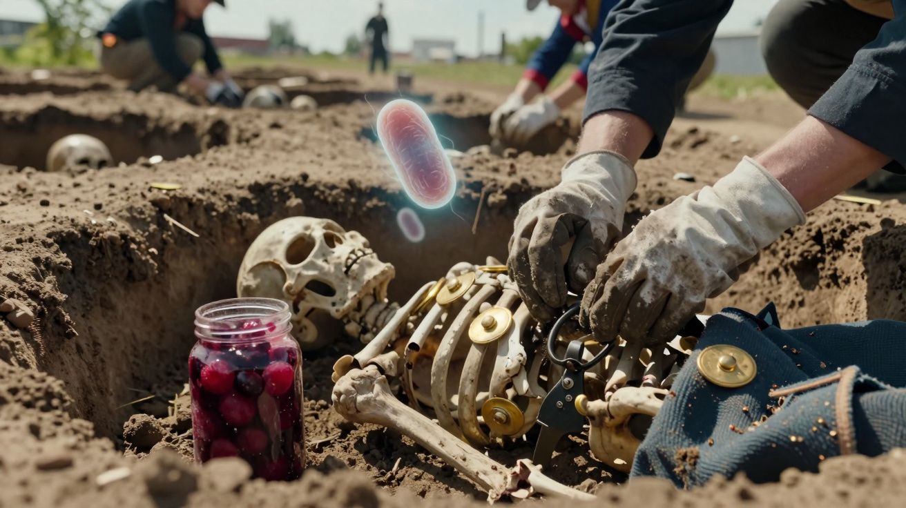 Archeolodzy odkrywają szkielet w ziemi podczas wykopalisk z holograficznym mikrobem w powietrzu.