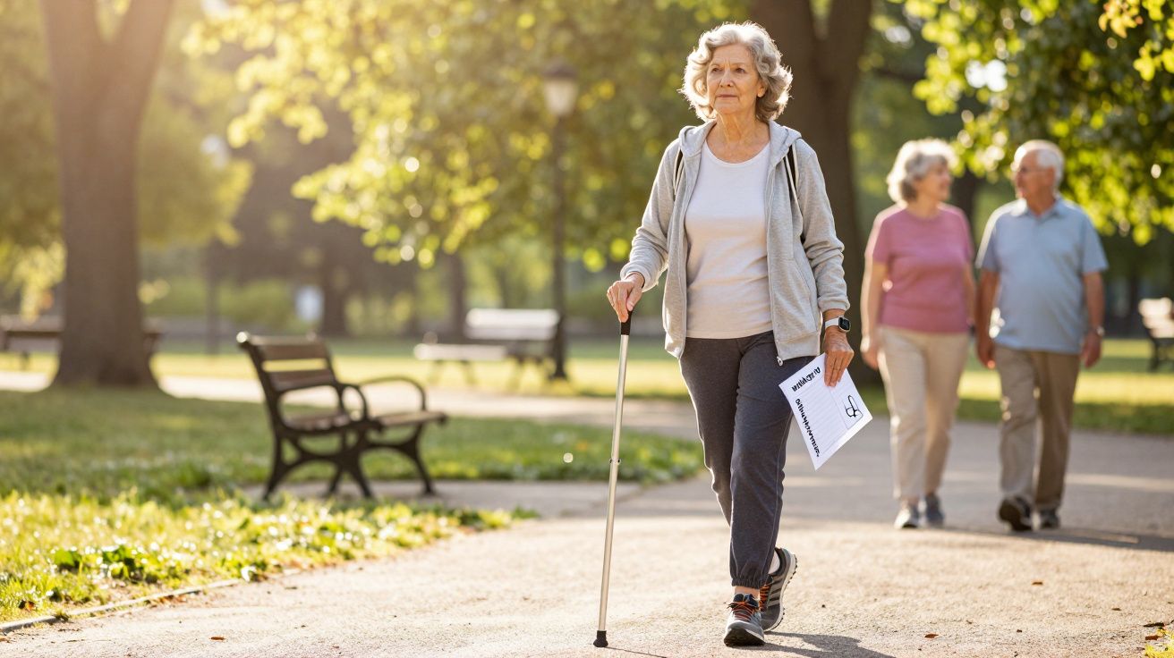 Starsza kobieta z laską spaceruje po parku, w tle para starszych osób także idzie alejką.
