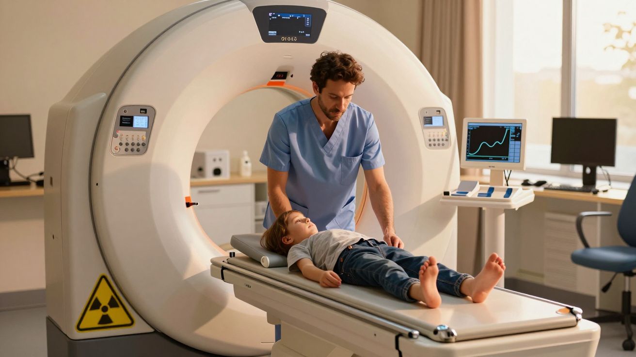 Lekarz przygotowujący dziecko do badania tomografii komputerowej w nowoczesnej pracowni radiologicznej.