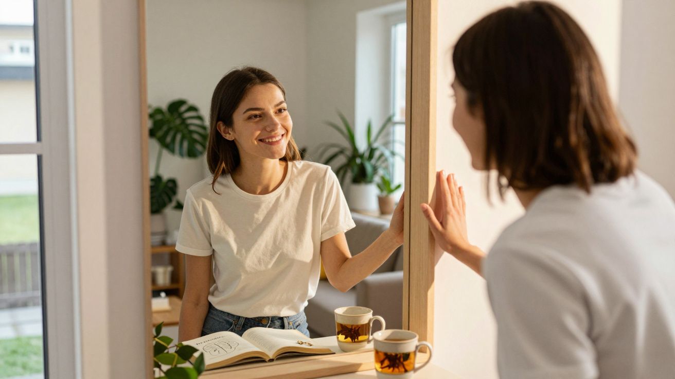 Młoda kobieta uśmiecha się do swojego odbicia w lustrze, siedząc przy stole z otwartą książką i kubkiem herbaty.