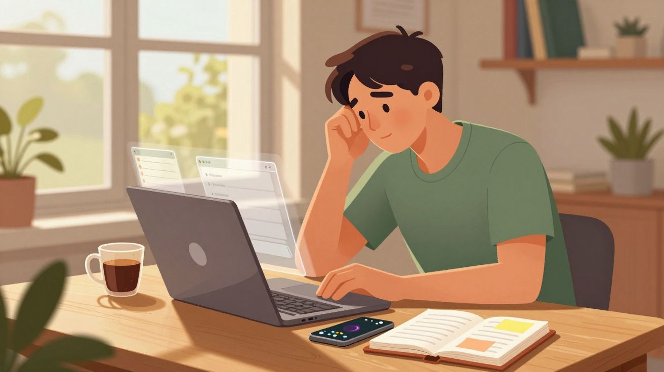 Młody mężczyzna pracuje przy laptopie, obok leżą notes, telefon i kubek z kawą w jasnym pokoju.