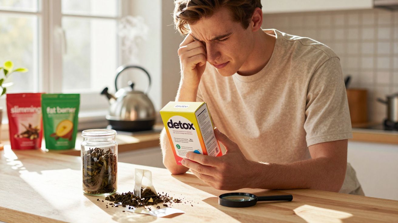 Mężczyzna czyta etykietę suplementu detox w kuchni, z herbatą i lupą na stole.