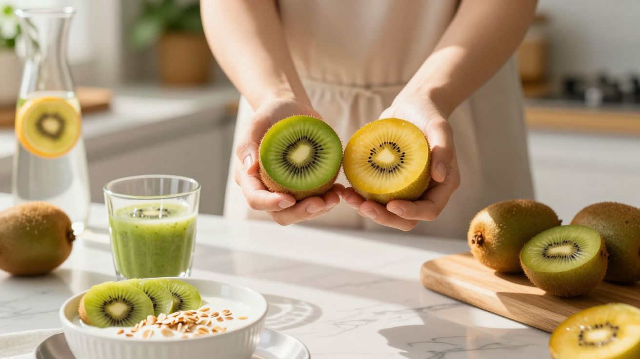 Dwukolorowe kiwi przekrojone na pół trzymane w dłoniach nad stołem z owsianką i sokiem.