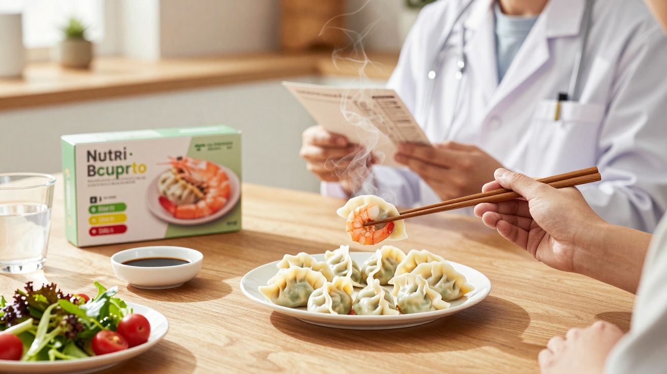 Para jedząca parujące pierożki z krewetką przy stole, obok zdrowa sałatka i suplement diety.