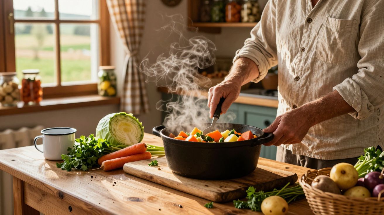 Osoba gotująca w garnku warzywa na drewnianym stole z warzywami i ziołami w kuchni.
