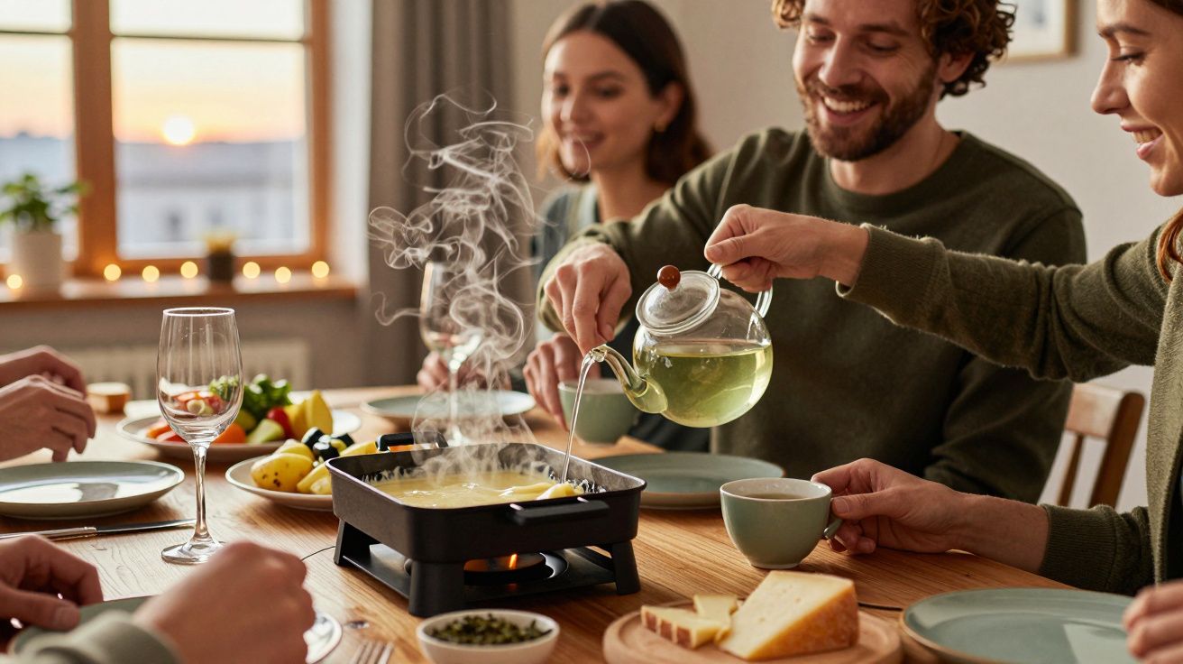 Grupa przyjaciół wspólnie jedzących przy stole z gorącą potrawą i parującą herbatą w czajniczku.
