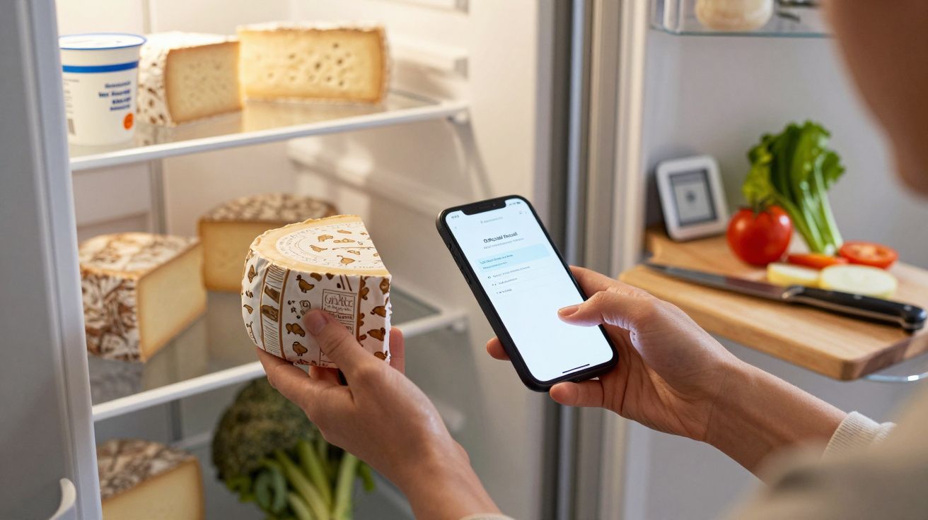 Osoba trzyma kawałek sera i smartfon przed otwartą lodówką z warzywami i serem.
