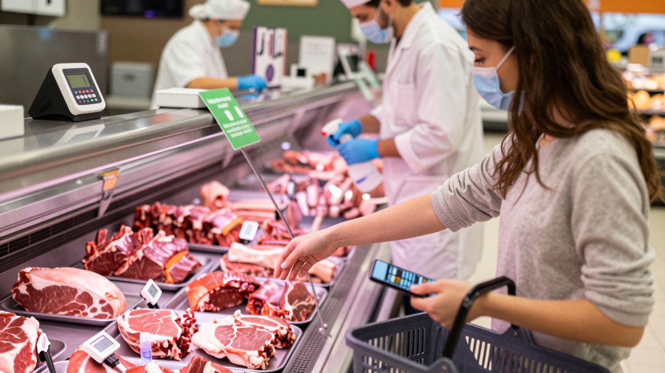 Kobieta w masce wybiera mięso w sklepie, trzymając koszyk i skaner w ręku, obsługa w tle.