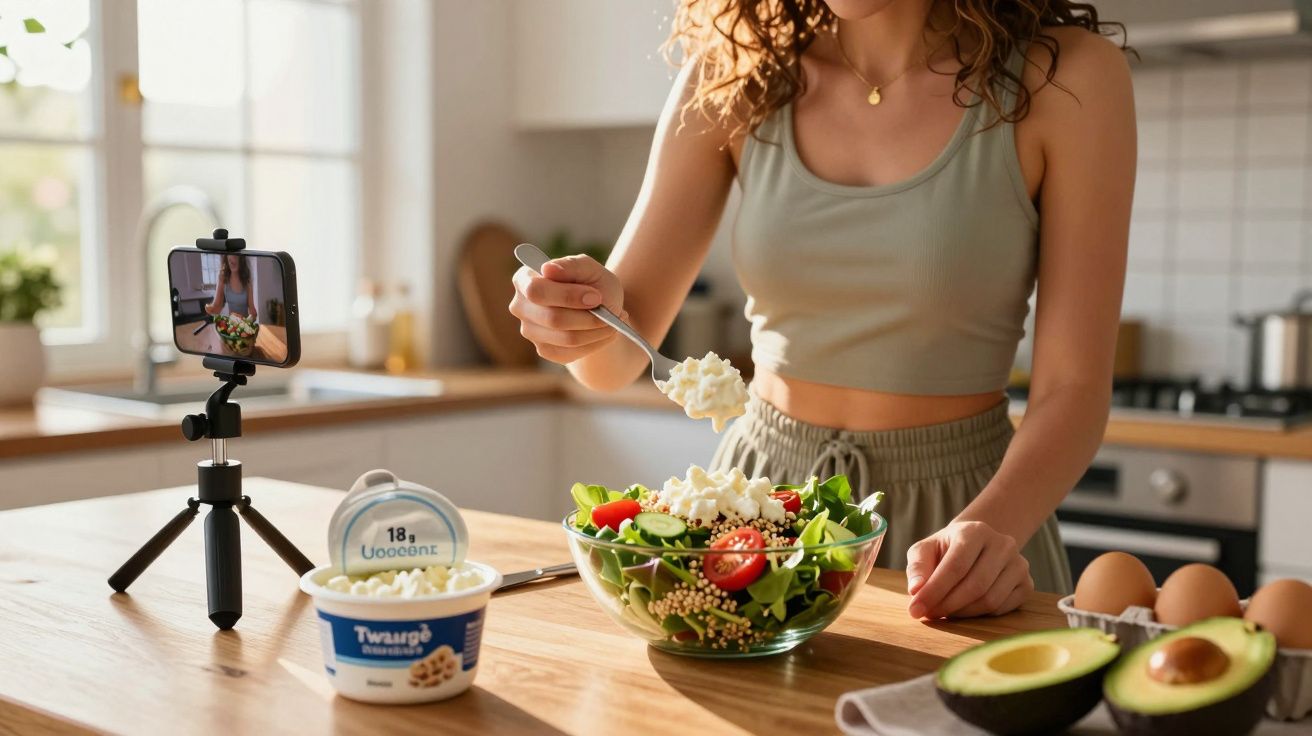 Kobieta nagrywa filmik, dodając twaróg do sałatki z warzyw i ziaren, stojąc w kuchni.