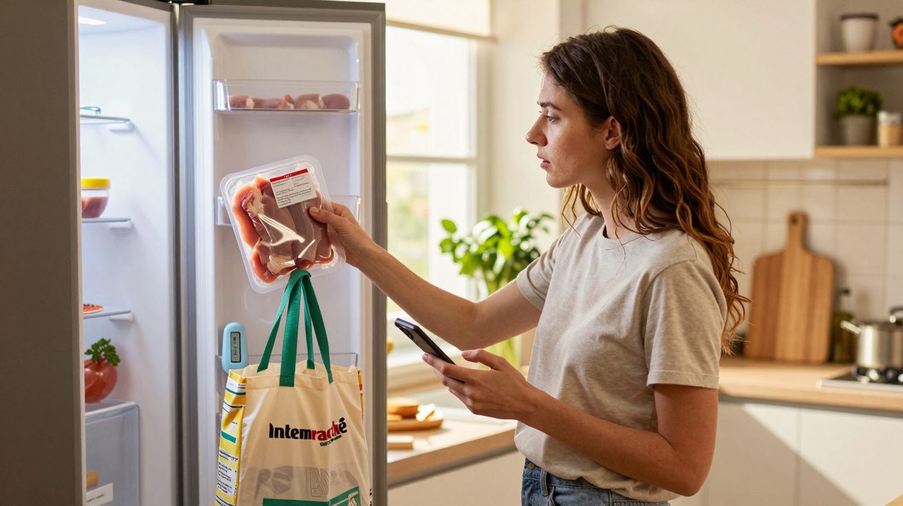 Kobieta wkłada mięso do otwartej lodówki w kuchni, trzymając smartfon w drugiej ręce.