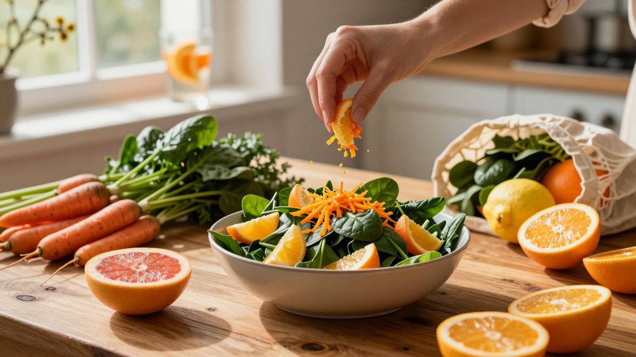 Dłoń posypuje startą marchewką sałatkę ze szpinaku z plasterkami pomarańczy na drewnianym stole.