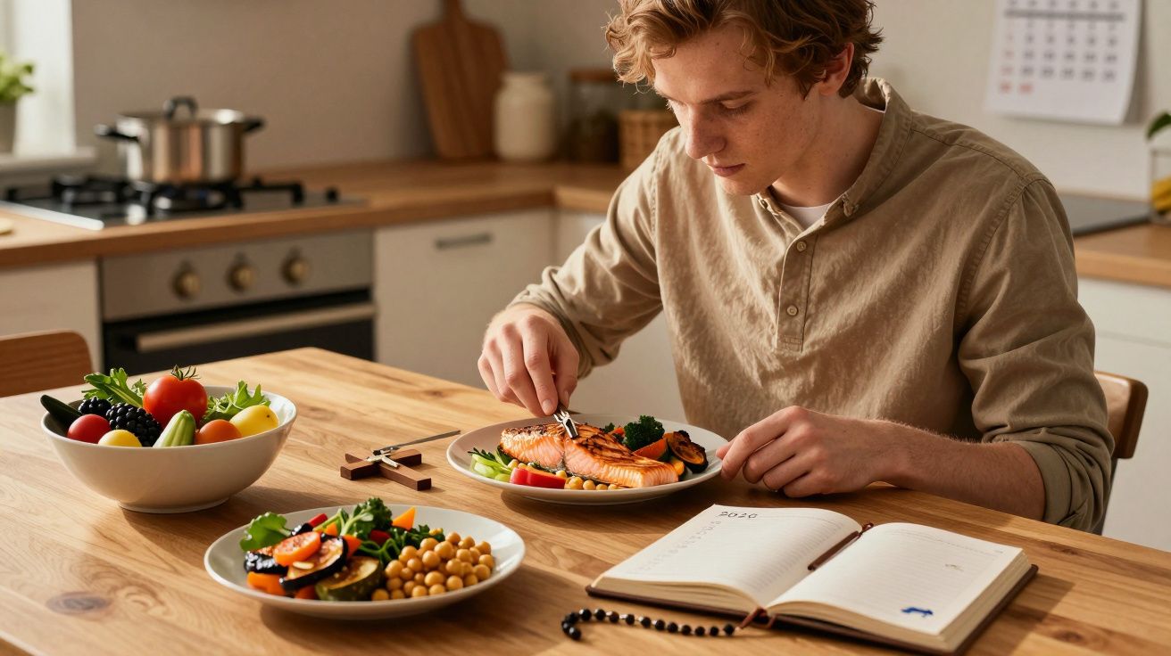 Mężczyzna jedzący zdrowy posiłek z łososia i warzyw, z notesem obok, siedząc przy drewnianym stole w kuchni.