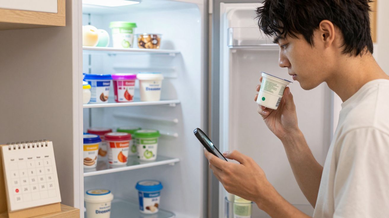 Mężczyzna stoi przed otwartą lodówką, trzyma jogurt i patrzy na telefon.