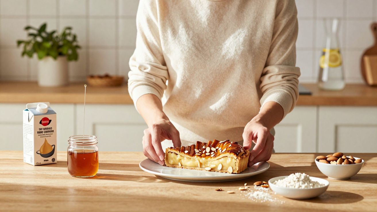 Osoba kładzie talerz z ciastem na drewnianym stole w jasnej kuchni z produktami do pieczenia.