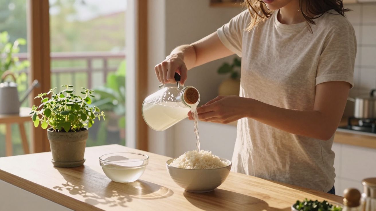 Kobieta w kuchni nalewa wodę do miski z ugotowanym ryżem stojąc przy drewnianym stole.